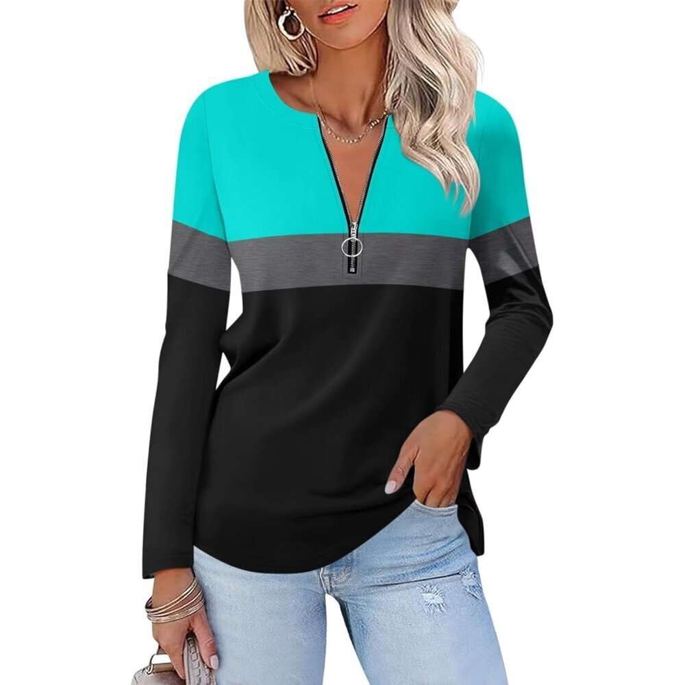 Women's Long Sleeve Cotton Spandex Zipper Tops Casual Fall Tunics